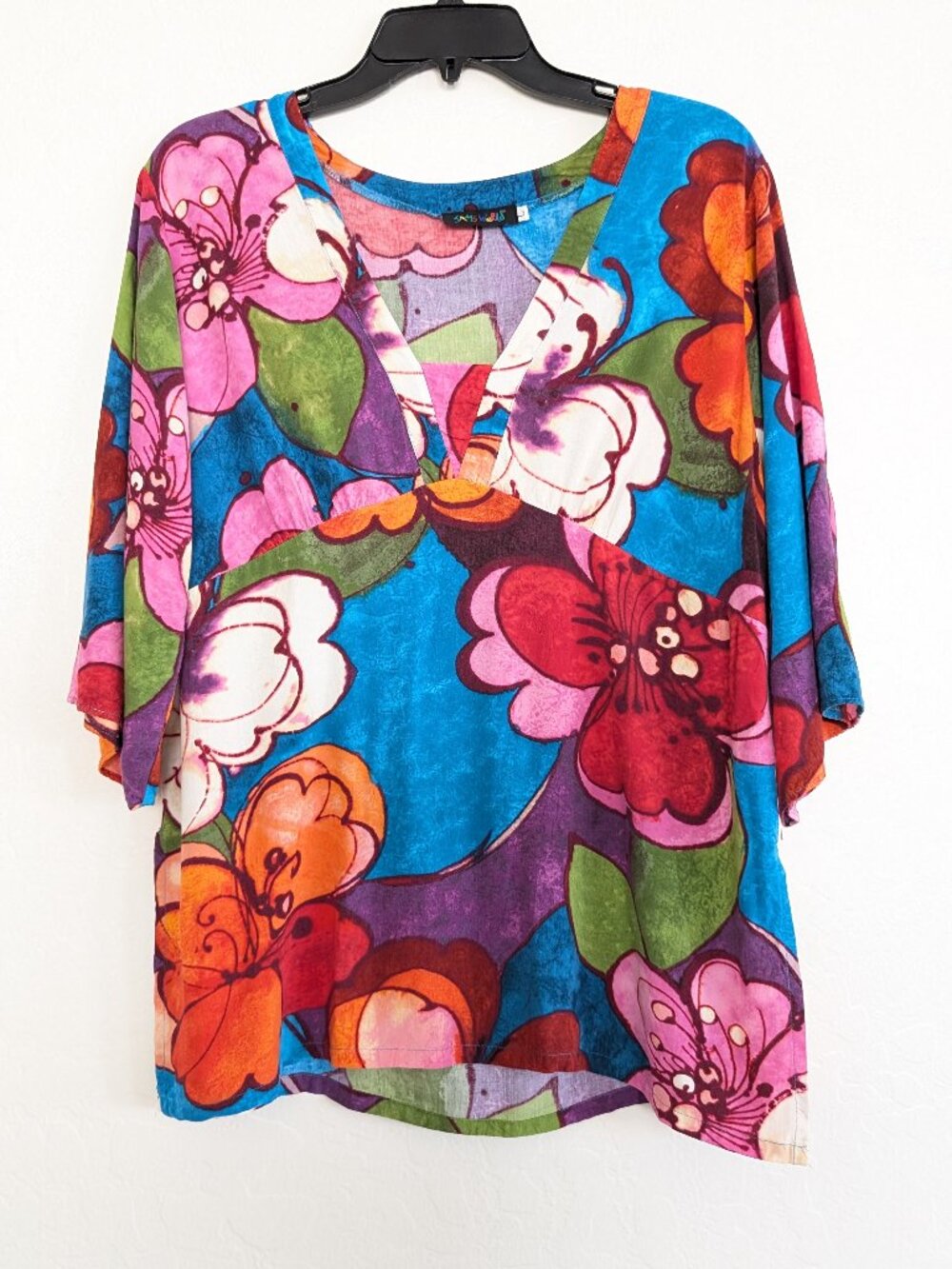 JAMS WORLD Top L Firenze Multicolor Floral Colorful V Neck Tunic Rayon Blouse